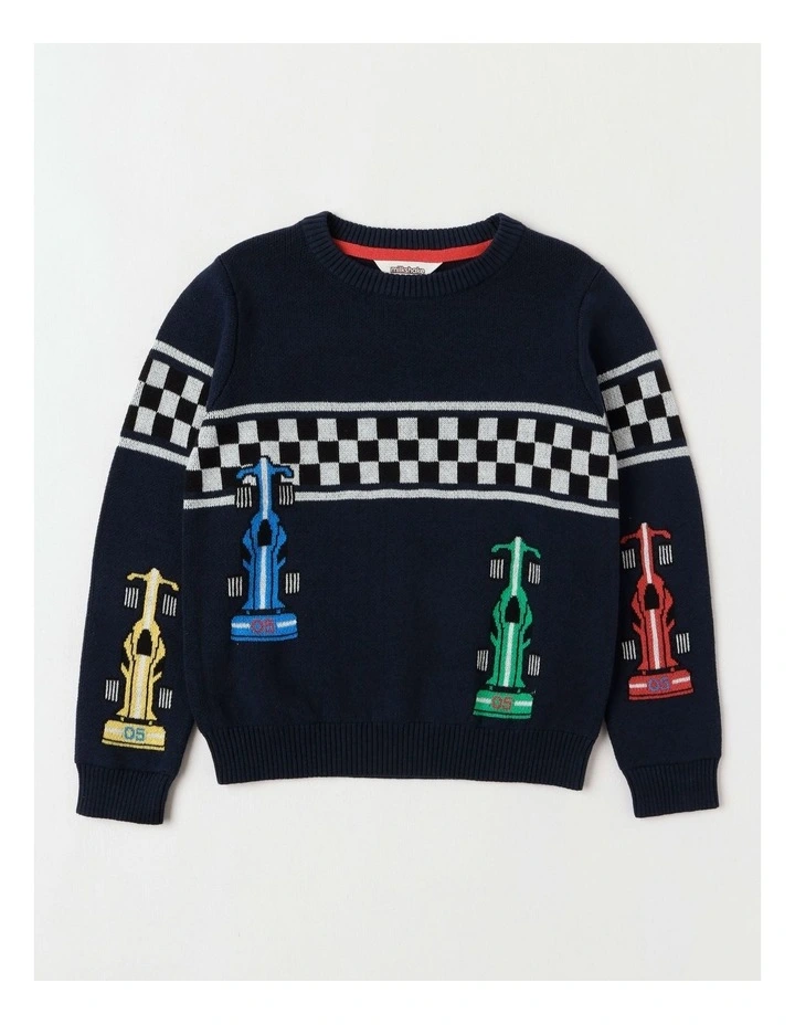 Knitted Jacquard Crew Neck Jumper in Race Cars/ Navy image 1