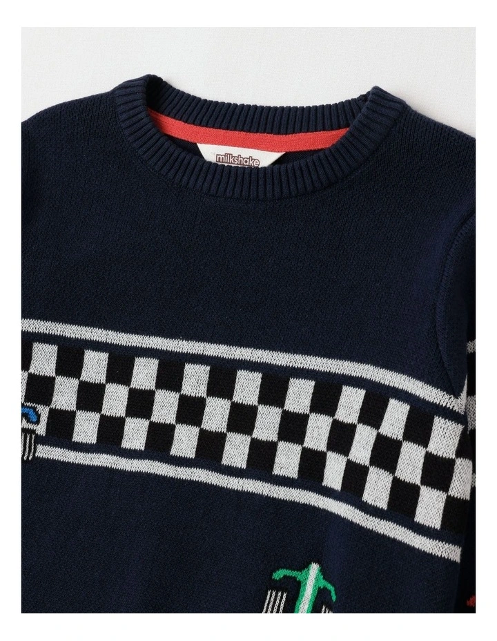 Knitted Jacquard Crew Neck Jumper in Race Cars/ Navy image 2