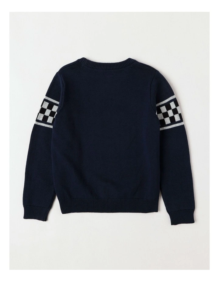 Knitted Jacquard Crew Neck Jumper in Race Cars/ Navy image 3