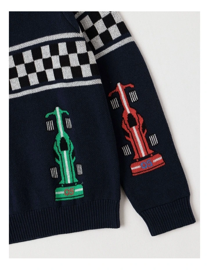 Knitted Jacquard Crew Neck Jumper in Race Cars/ Navy image 4