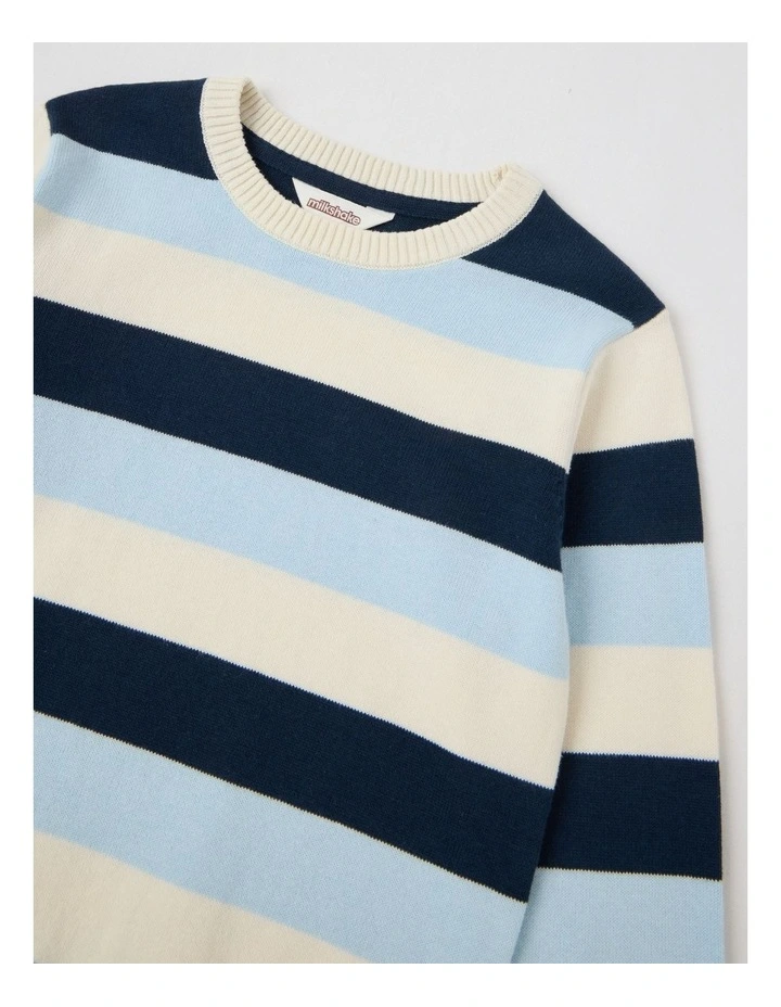 Knitted Jacquard Crew Neck Jumper in Blue Multi Stripe image 2