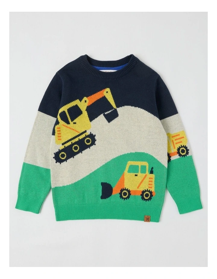 Knitted Jacquard Crew Neck Jumper in Diggers Green & Navy image 1