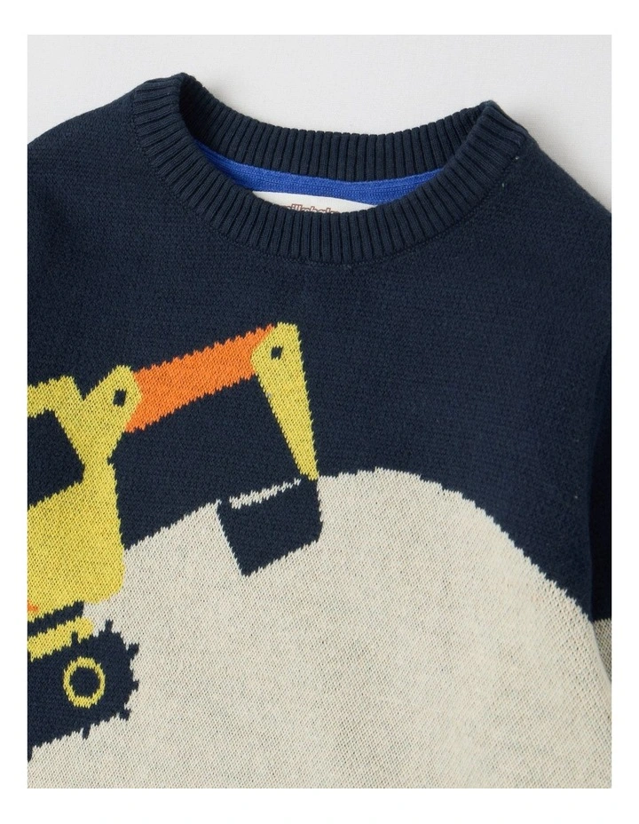Knitted Jacquard Crew Neck Jumper in Diggers Green & Navy image 2