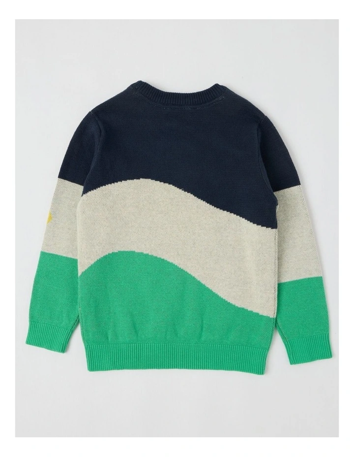 Knitted Jacquard Crew Neck Jumper in Diggers Green & Navy image 3