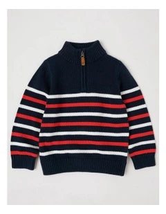 1/4 Zip Knit Jumper in Navy Red & White Stripe
