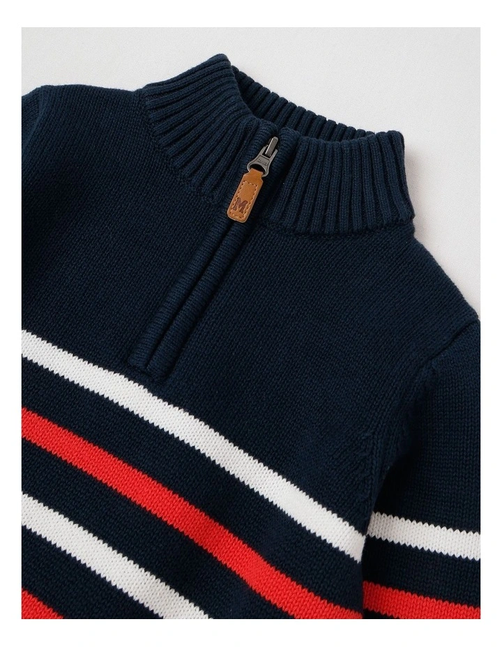 1/4 Zip Knit Jumper in Navy Red & White Stripe image 2