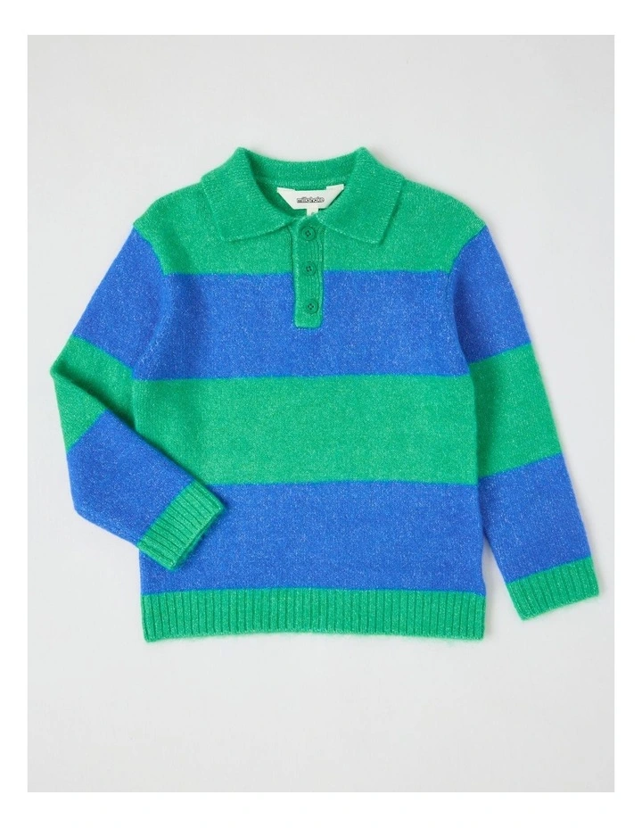 Knitted Polo Jumper in Green & Blue Stripe image 1