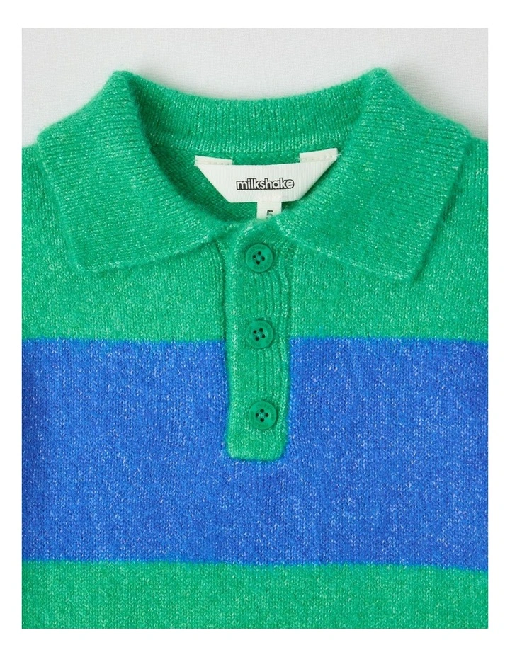 Knitted Polo Jumper in Green & Blue Stripe image 2
