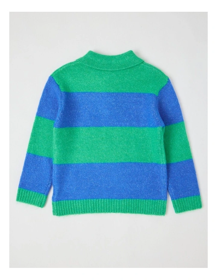 Knitted Polo Jumper in Green & Blue Stripe image 3