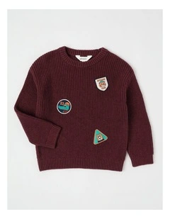 Knit Jumper with Badges in Burgundy