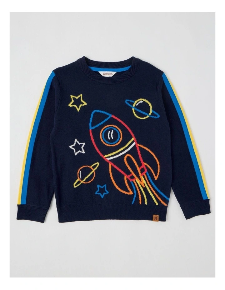 Knitted Jacquard Crew Neck Jumper in Space Rocket Navy image 1