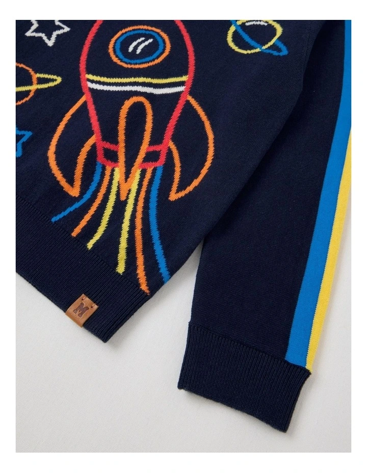 Knitted Jacquard Crew Neck Jumper in Space Rocket Navy image 4