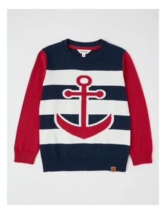 Knitted Jacquard Crew Neck Jumper in Anchor Navy & Red