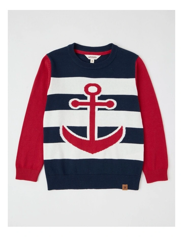 Knitted Jacquard Crew Neck Jumper in Anchor Navy & Red image 1