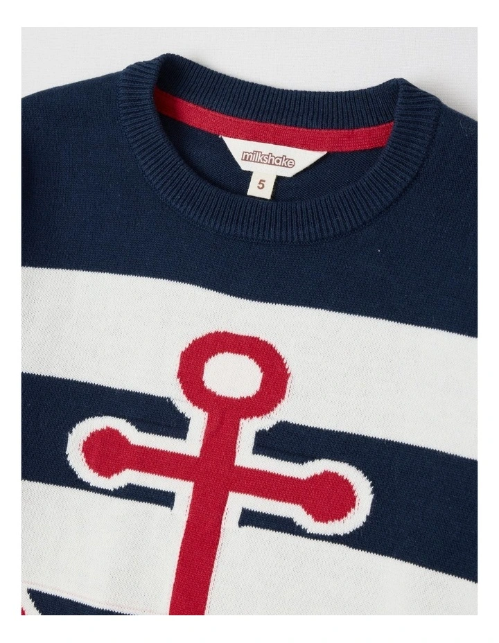 Knitted Jacquard Crew Neck Jumper in Anchor Navy & Red image 2