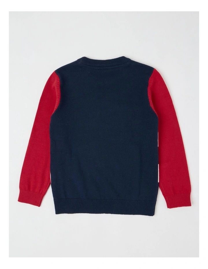 Knitted Jacquard Crew Neck Jumper in Anchor Navy & Red image 3