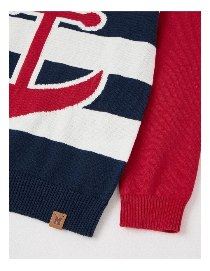 Knitted Jacquard Crew Neck Jumper in Anchor Navy & Red image 4