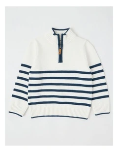 1/4 Zip Knit Jumper in White & Dark Blue Stripe