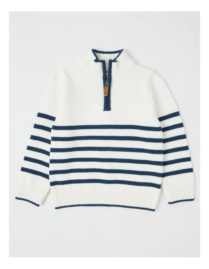 1/4 Zip Knit Jumper in White & Dark Blue Stripe image 1