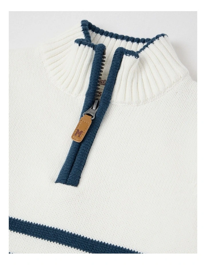 1/4 Zip Knit Jumper in White & Dark Blue Stripe image 2