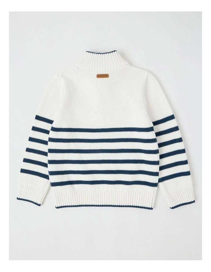 1/4 Zip Knit Jumper in White & Dark Blue Stripe image 3