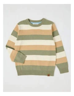 Knitted Jacquard Crew Neck Jumper in Khaki & Ecru Stripe