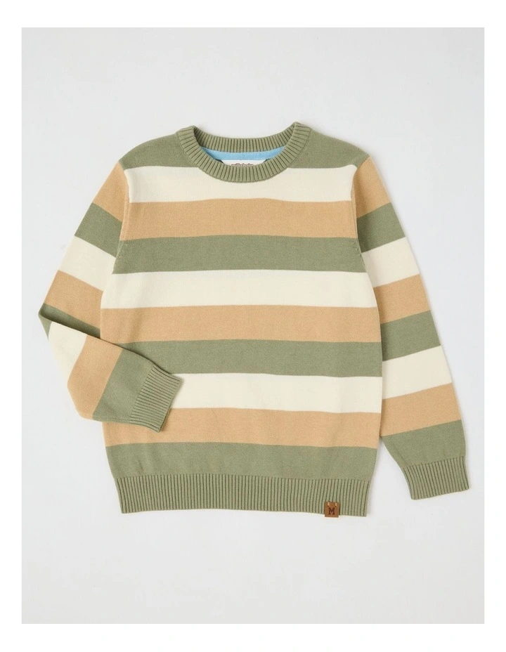 Knitted Jacquard Crew Neck Jumper in Khaki & Ecru Stripe image 1