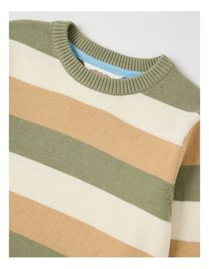 Knitted Jacquard Crew Neck Jumper in Khaki & Ecru Stripe image 2