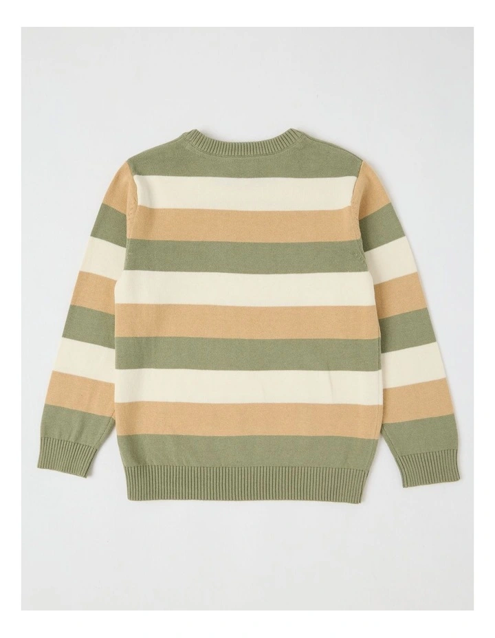 Knitted Jacquard Crew Neck Jumper in Khaki & Ecru Stripe image 3