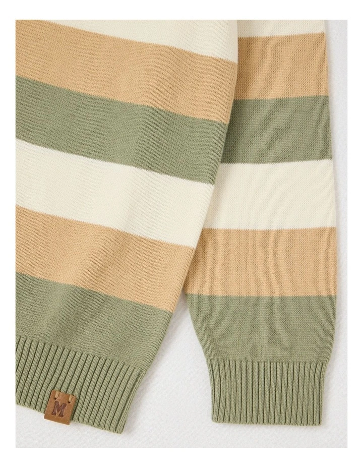 Knitted Jacquard Crew Neck Jumper in Khaki & Ecru Stripe image 4
