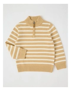 1/4 Zip Knit Jumper in Tan & Ecru Stripe