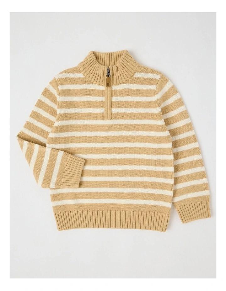 1/4 Zip Knit Jumper in Tan & Ecru Stripe image 1