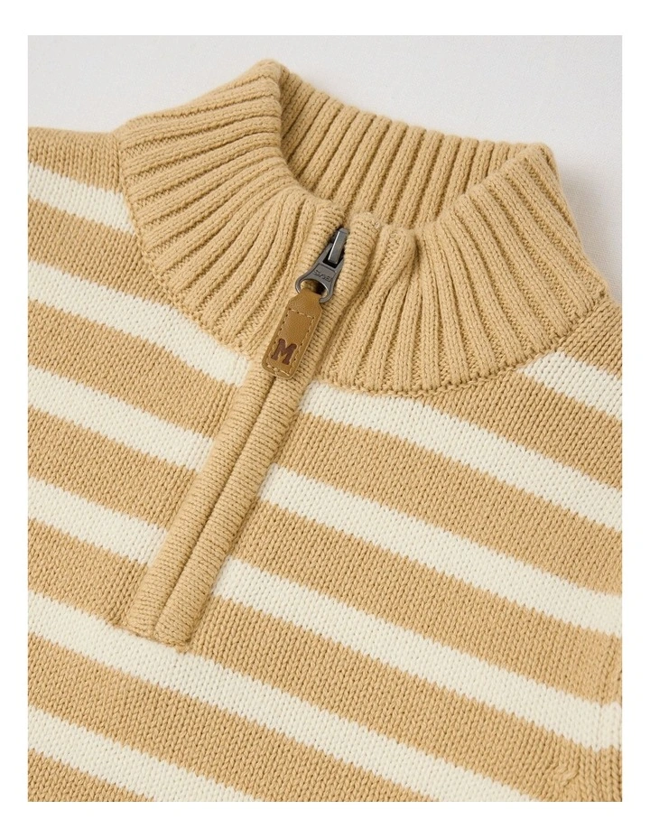 1/4 Zip Knit Jumper in Tan & Ecru Stripe image 2