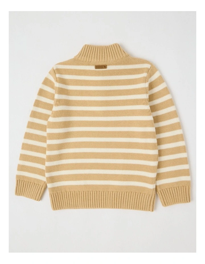 1/4 Zip Knit Jumper in Tan & Ecru Stripe image 3