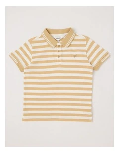 Short Sleeve Polo Shirt with Tipping in Tan & White Stripe