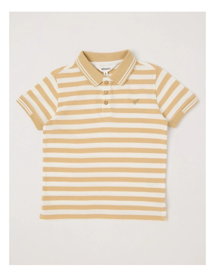 Short Sleeve Polo Shirt with Tipping in Tan & White Stripe image 1