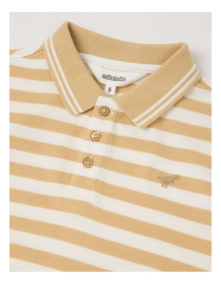 Short Sleeve Polo Shirt with Tipping in Tan & White Stripe image 2