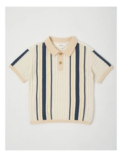 Short Sleeve Textured Knit Polo in Ecru/Navy/Yellow Stripe