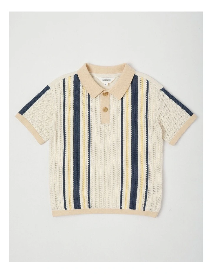 Short Sleeve Textured Knit Polo in Ecru/Navy/Yellow Stripe image 1