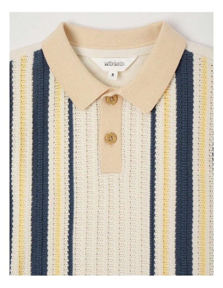 Short Sleeve Textured Knit Polo in Ecru/Navy/Yellow Stripe image 2
