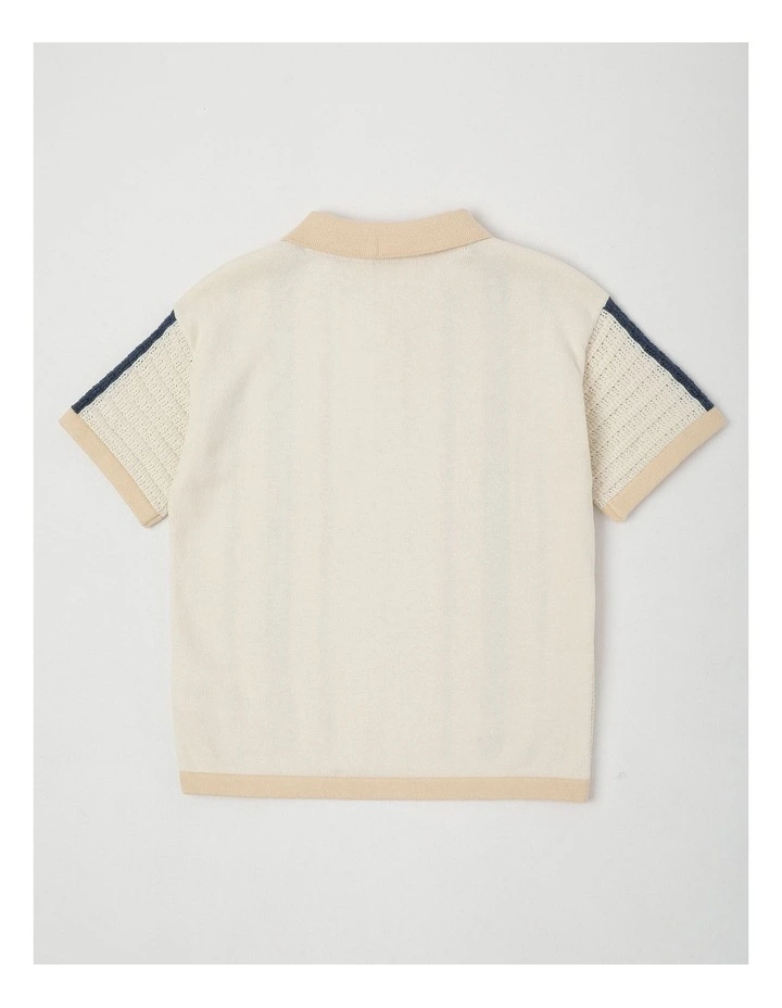 Short Sleeve Textured Knit Polo in Ecru/Navy/Yellow Stripe image 3