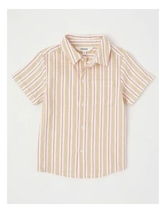 Short Sleeve Linen Shirt in Tan/Red Stripe