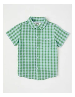 Short Sleeve Seersucker Shirt in Green/Blue Check