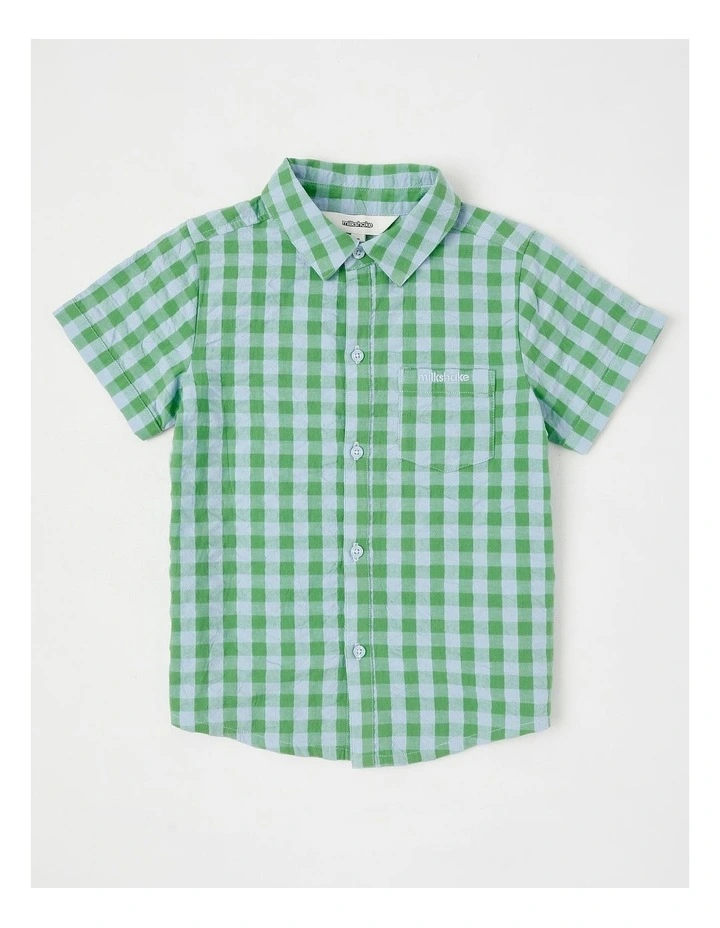 Short Sleeve Seersucker Shirt in Green/Blue Check image 1