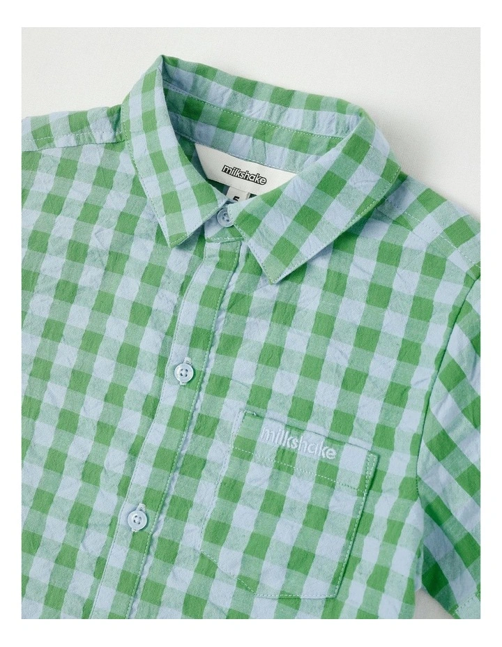 Short Sleeve Seersucker Shirt in Green/Blue Check image 2
