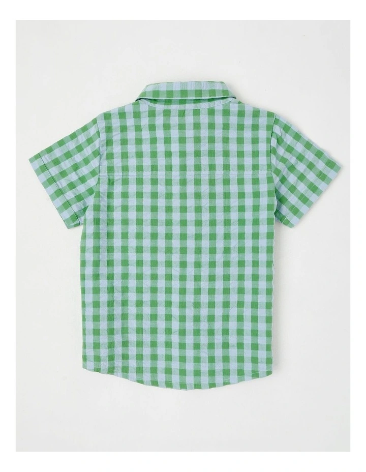 Short Sleeve Seersucker Shirt in Green/Blue Check image 3