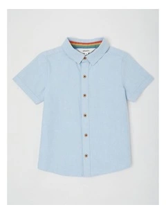 Short Sleeve Woven Oxford Shirt in Light Blue