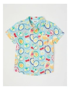 Short Sleeve Linen Shirt in Tropical Print Blue