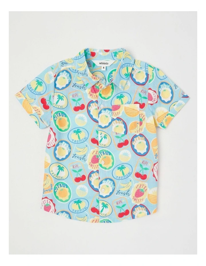 Short Sleeve Linen Shirt in Tropical Print Blue image 1