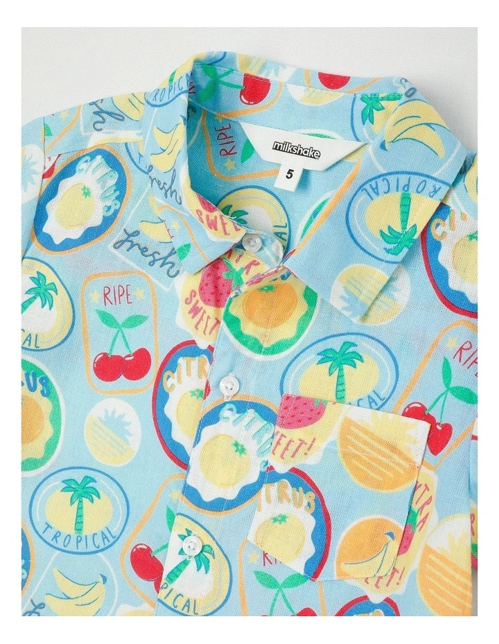 Short Sleeve Linen Shirt in Tropical Print Blue image 2